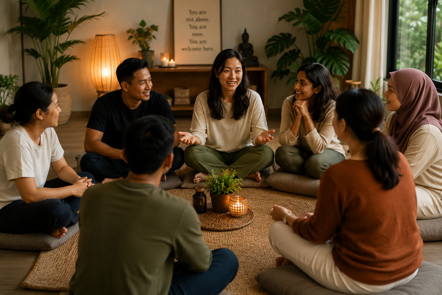 A calm wellness community gathering where people feel safe, supported, and peaceful