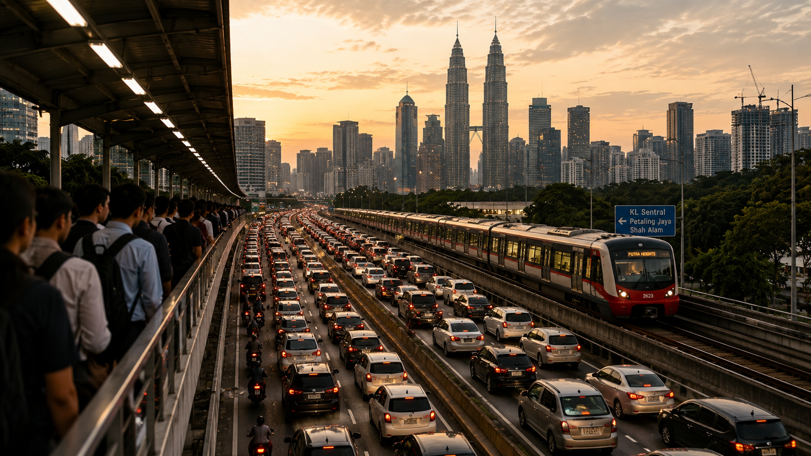 Busy Malaysian traffic and public transport during peak hour representing work life stress