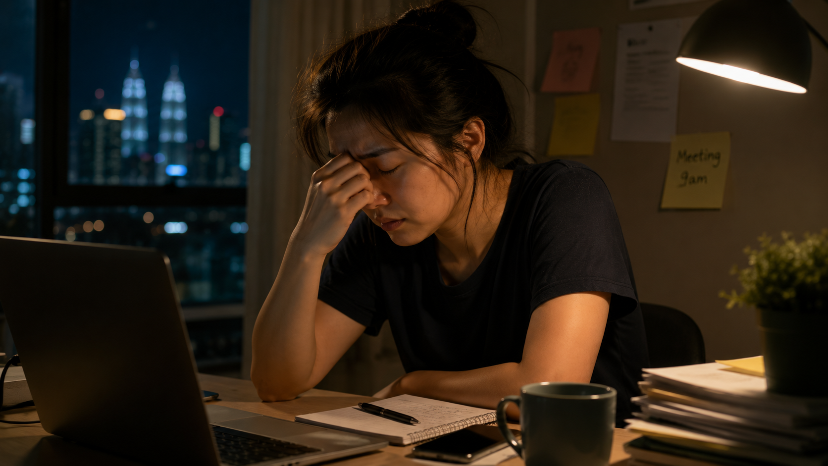 A person sitting alone at night looking tired and emotionally drained